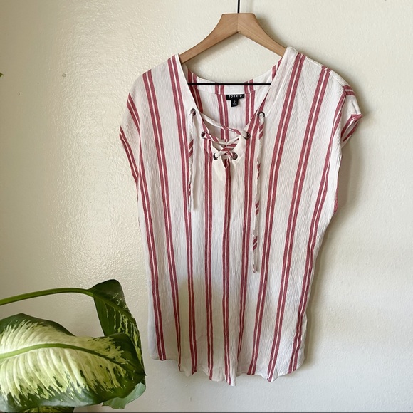 torrid Tops - Torrid | Striped Gauze Lace Up Dolman Blouse